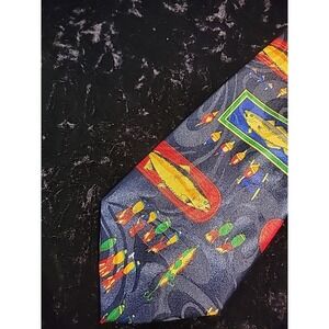 Vintage Roberto Cellini Mens Neck Tie Fishes Novelty Blue Yellow Shirt Suit